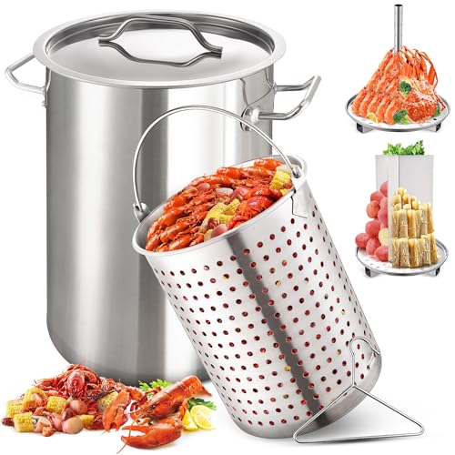 ARC 32QT Stainless Steel Stock pot 6-Piece For Seafood Boil Pot with Basket and Steamer Rack,Cookware for Crawfish Crab Shrimp Lobster Boiling Pot, Turkey Fryer Pot, Tamale Steamer Pot with Strainer