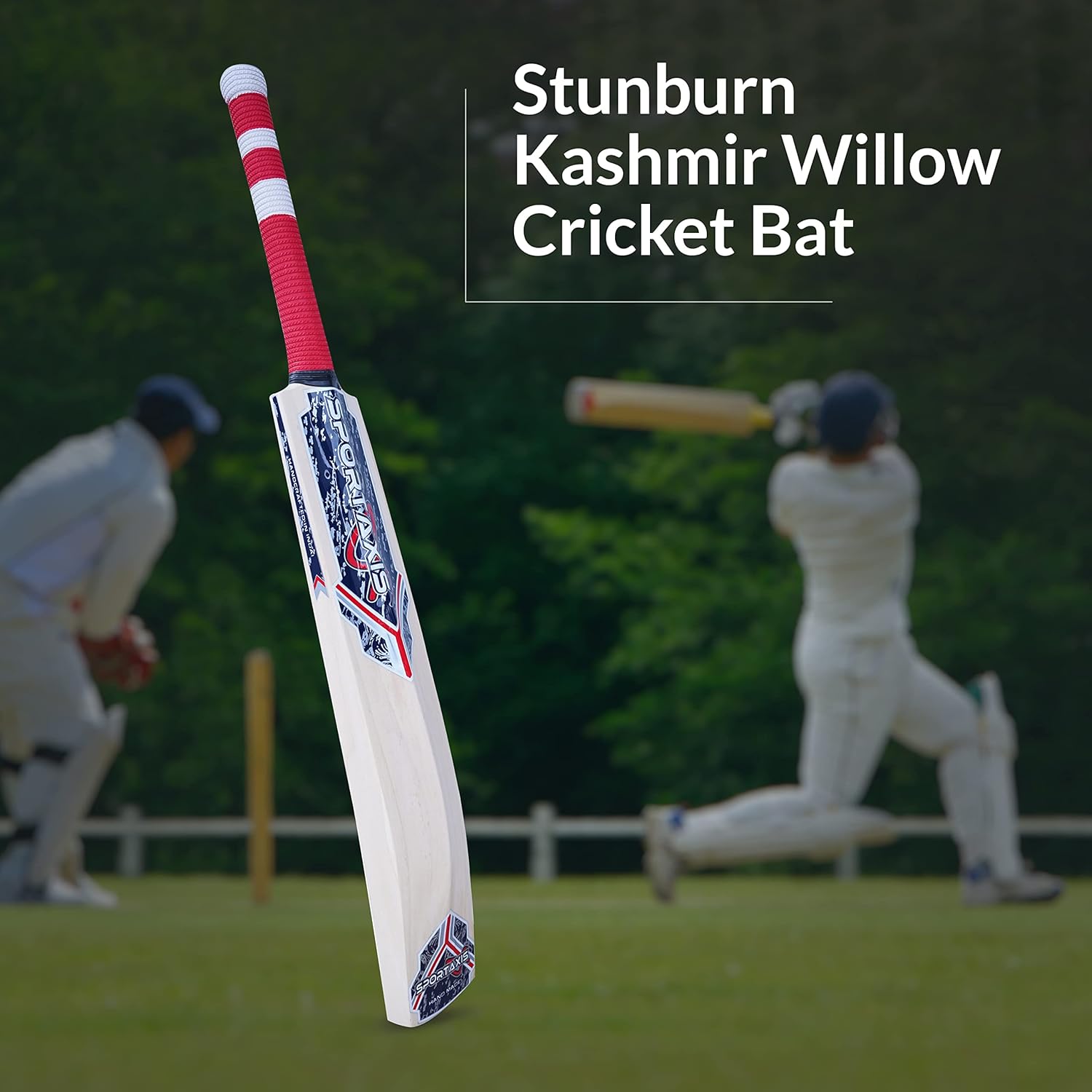 SPORTSAXIS Stunburn Grade 1 Kashmir Willow Cricket Bat - Rubber Grip, Semi Round Bottom - Full Size for Powerful Strikes - Ideal Training - Practice for Home/Club Play/Beach/Backyard Cricket