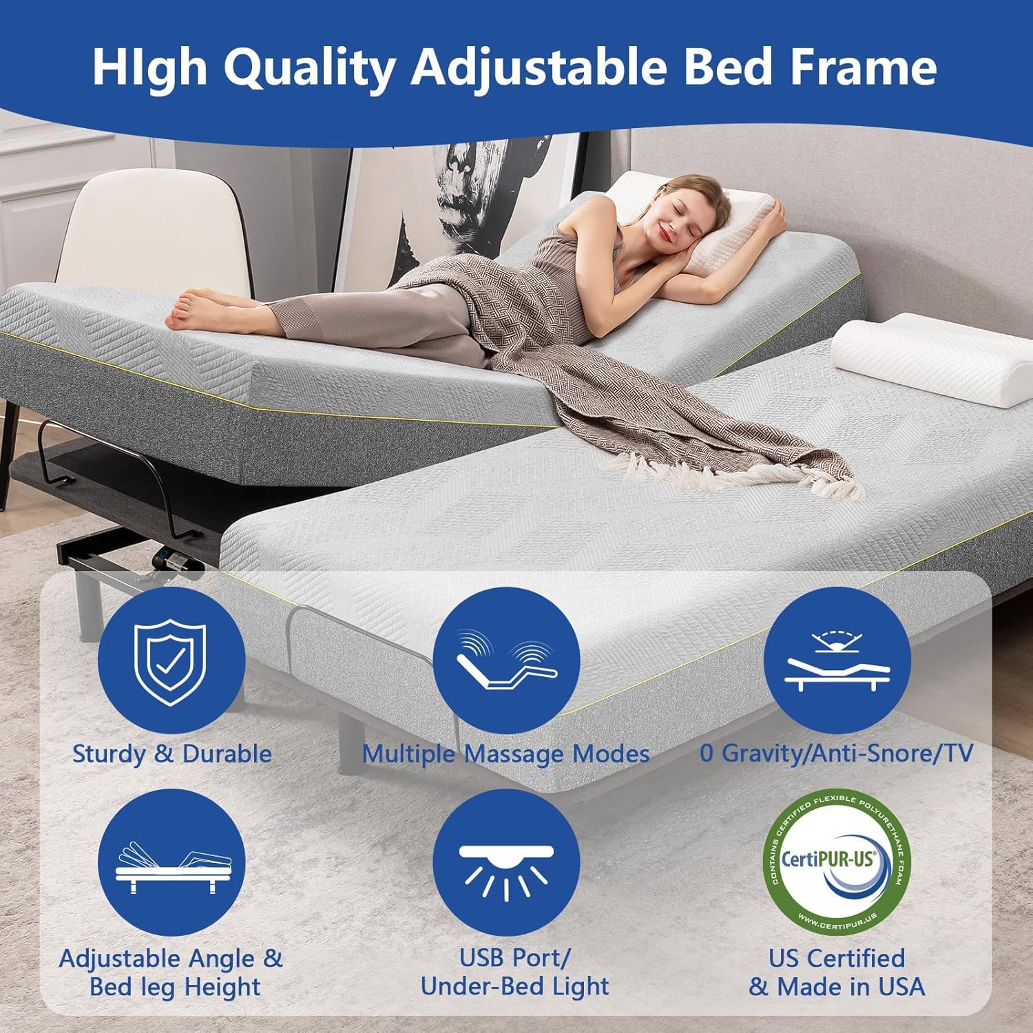 Adjustable Bed Frame Queen + 12 Inch Gel Memory Foam Medium-Firm Grey Mattress in Box, Adjustable Bed Base, Head and Foot Lift, Massage, Zero Gravity/Anti-Snore Electric Smart Beds