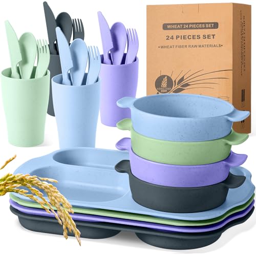 Honoson 24 Pcs Wheat Straw Dinnerware Cutlery Set Including Kids Toddlers Divided Plates Microwave Dishwasher Safe Bowl Unbreakable Tableware Straw Cutlery Spoon Knife Fork Cup (Beige)