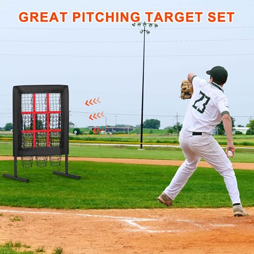9 Hole Pitching Net Pitching Target Pitchers Net Baseball Trainer with Actual Strike Zone and Pitch Training Ball to Practice Baseball and Softball