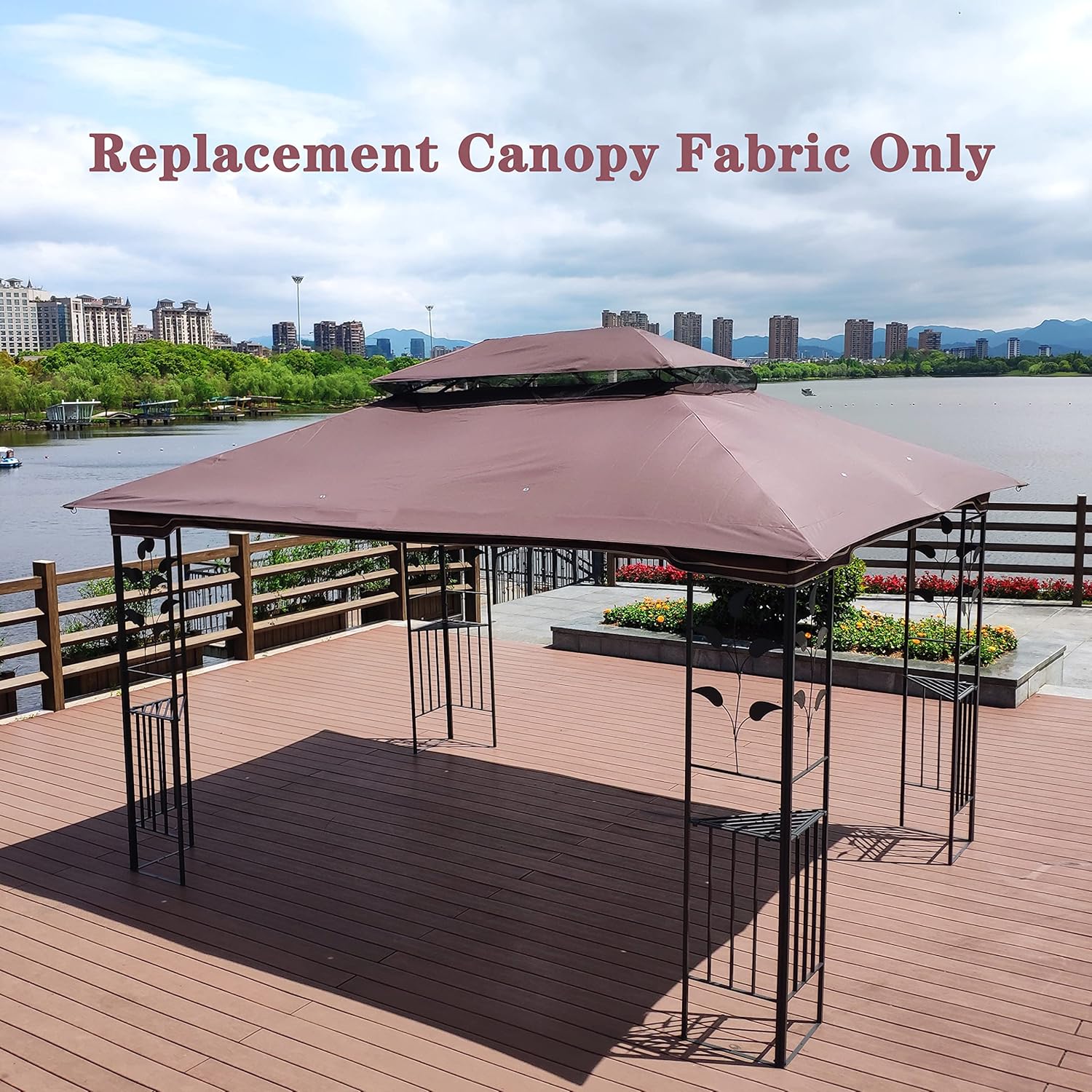 13x10 Ft Patio Double Roof Gazebo Replacement Canopy Top Fabric,outdoor gazebo,Brown