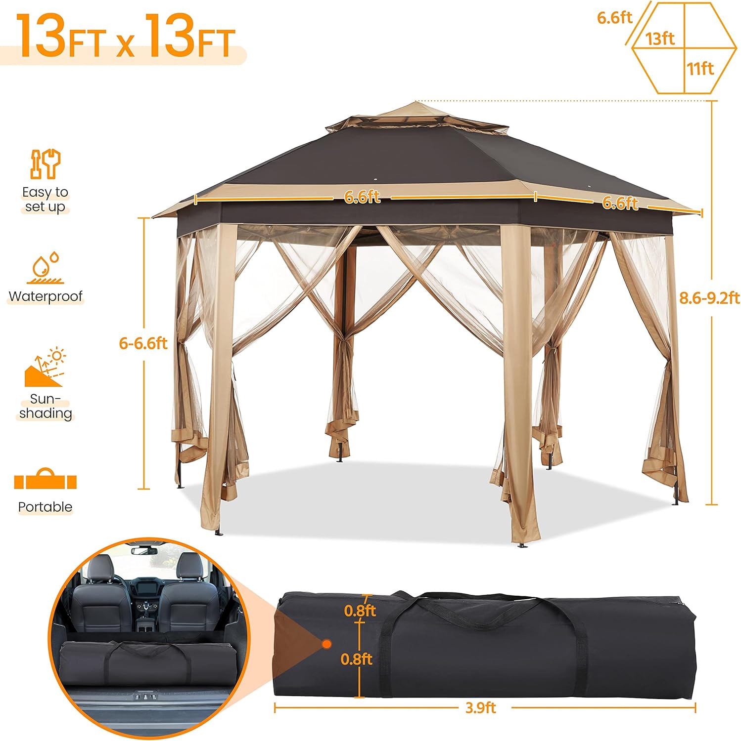 Topeakmart Hexagonal Pop Up Canopy Outdoor Garden Canopy Patio Canopy Gazebo 2-Tier Roof Event Tent with Netting - Khaki/Brown