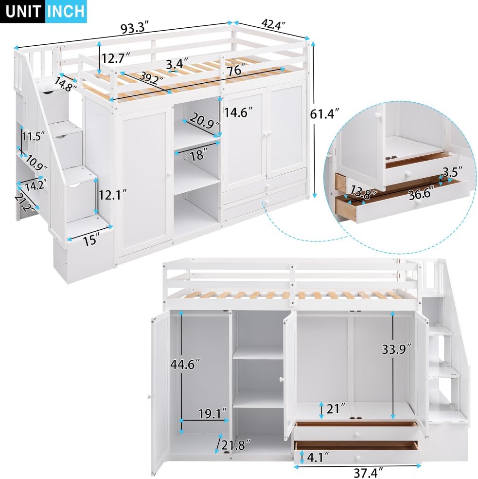 Functional Loft Bed with 3 Shelves, 2 Wardrobes and 2 Drawers, Ladder with Storage, No Box Spring Needed, White 3-Numbers of Package Pine Wood+MDF Twin 400Lb 256.5Lb GX000325AAK