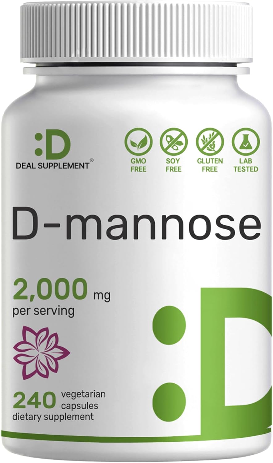 DEAL SUPPLEMENT D Mannose Veggie Capsules, 2,000mg Per Serving, 240 Pills – Fast Acting Water-Soluble Form – Extra Strength Urinary Tract (UTI) Health Support – Non-GMO, Vegan Friendly