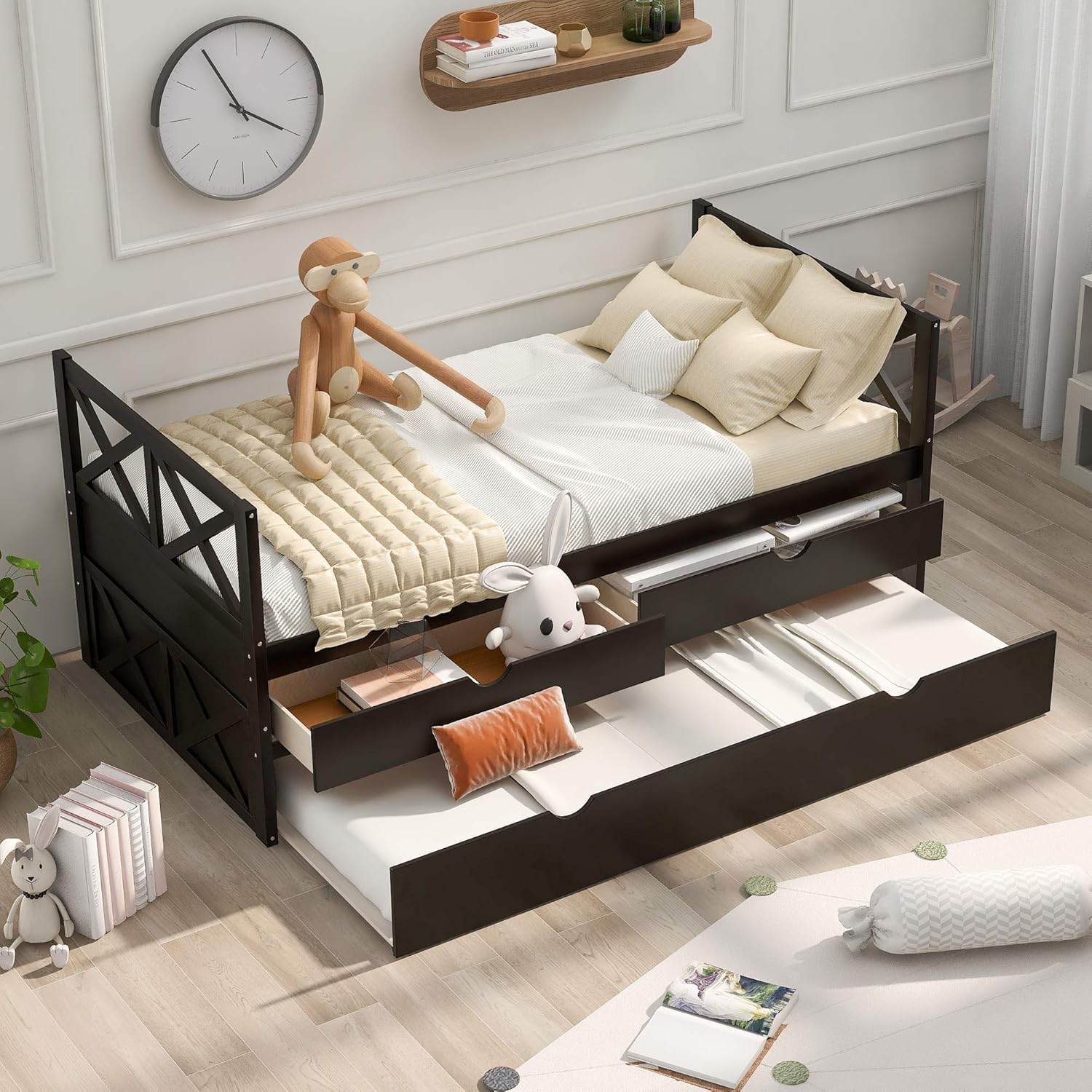 Twin Platform Bed,Multifunctional Wood Storage DayBed Sofa Bed Frame with Trundle and Two Drawers,Twin Size Trundle Bed for Living Room Bedroom,Espresso