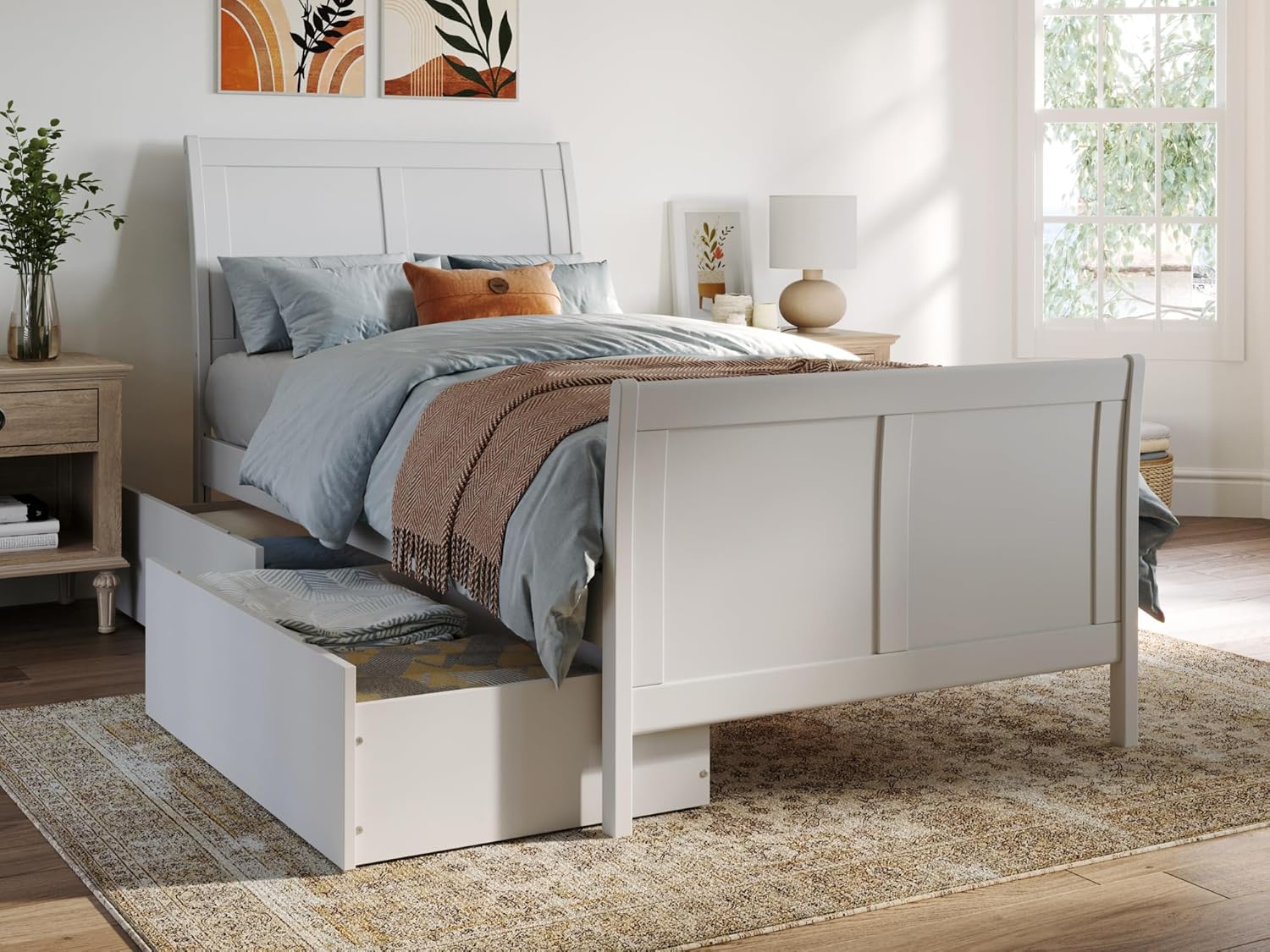AFI Portland Twin XL Size Platform Bed with Matching Footboard & Storage in White