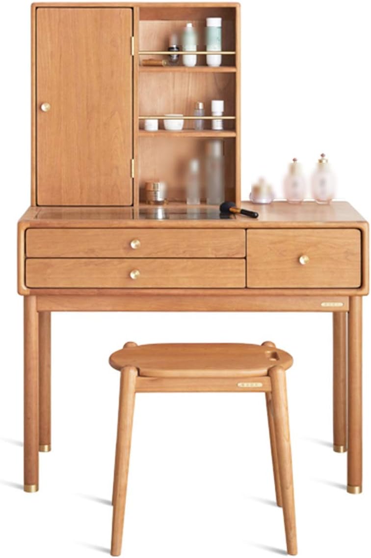 Vanity Table Set Dressing Table,Wood Dressing Table with Chair and Mirror, Bedroom Furniture, Drawers Makeup Desk