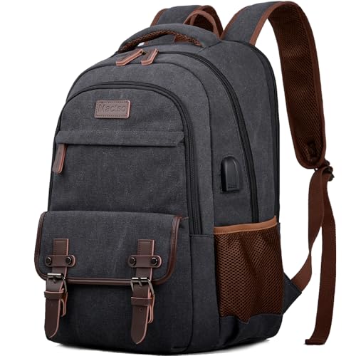 Canvas Travel Laptop Backpack for Men Women, Business Work Rucksack College School Computer Bag Fits 15.6 Inch Notebook,Bookbag with USB Charging Port (Grey)