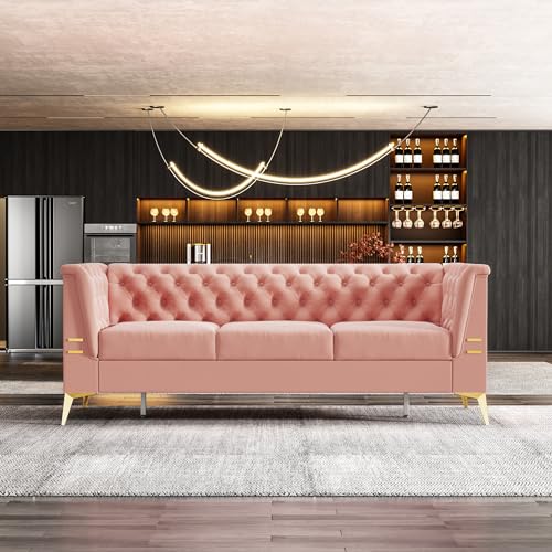 83.46'' Modern Chesterfield Velvet Sofa 3 Seater Fashion Couch with Gold Metal Legs Couches for Office,Living Room,Apartment,Furniture (83.46