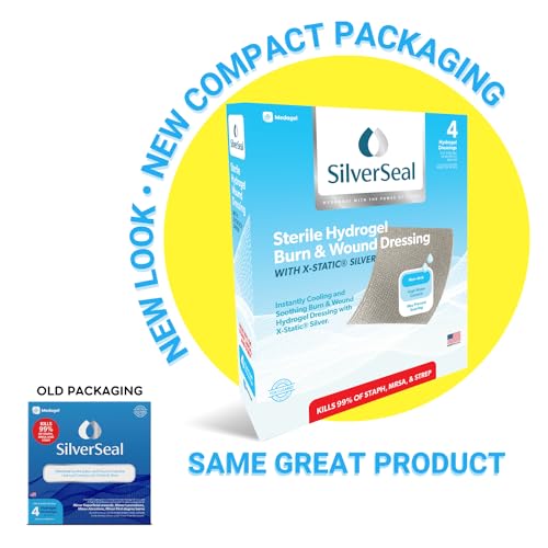 SilverSeal Burn and Wound Dressing | Hydrogel Pads with X-Static Silver | Soothing, Moist & Protective | Burns, Cuts & Wounds | 4 Sterile Dressings