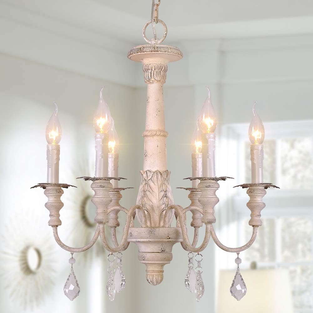 French Country Candle Style Chandelier, Handmade White Distressed Wood Lighting Ceiling Light Fixture Pendant Lamp Chandeliers for Dining Living Room Bathroom W20.8