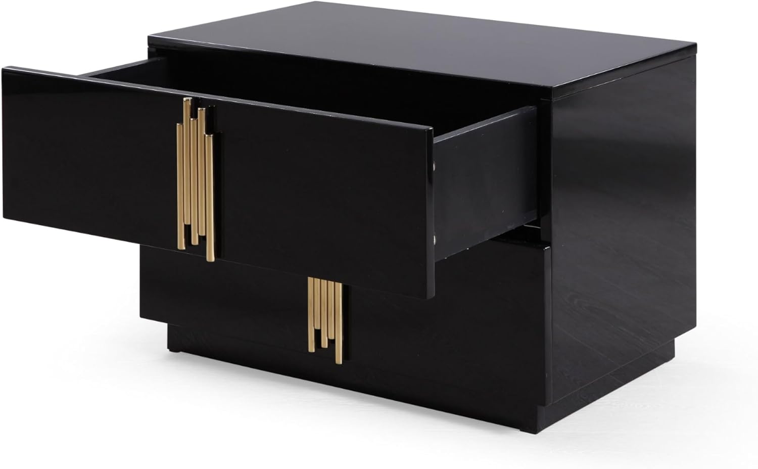 Abramo Collection Modern Bedroom High Gloss 2-Drawer Nightstand, Black, Champagne Gold