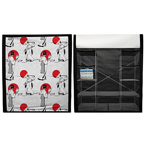 Ambesonne Asian Portable Fabric Wardrobe, Japanese Geisha Girl with Traditional Kimono Folk Culture Style, Clothing Organizer and Storage Closet with Shelves, 33.5