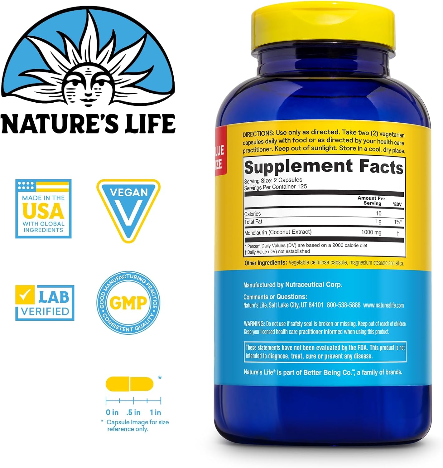 Nature's Life Nourishing Monolaurin 1000mg 250ct and Protecting Zinc Picolinate 30mg 250ct - Gut Health and Immune Support Supplements - Monolaurin from Raw Coconuts, Chelated Zinc - 60-Day Guarantee