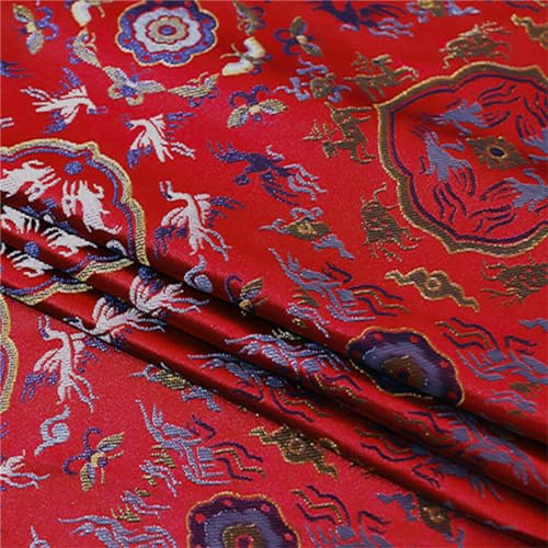 Embroidery Damask Fabric,Satin Jacquard Fabric, Crane Deer Pattern Printing New Chinese Style National Cheongsam Vest Song Jacquard Fashion Dress Furniture Sofa 100 x 145cm,Gold (Color : Blu) (Color