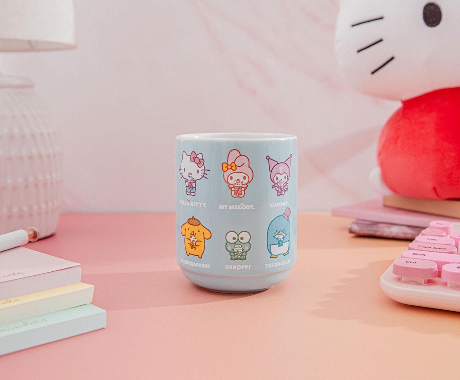 Hello Kitty Sanrio and Friends Drinking Boba Character Grid Asian Ceramic Tea Cup | Traditional Japanese-Inspired Mug Without Handle | Holds 9 Ounces