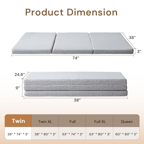 Foldable Mattress, 4 Inch Memory Foam Guest Floor Mattress, Tri Folding Portable Mattress for Kids and Adults, Washable Cover, Non-Slip Design, Full Size Grey