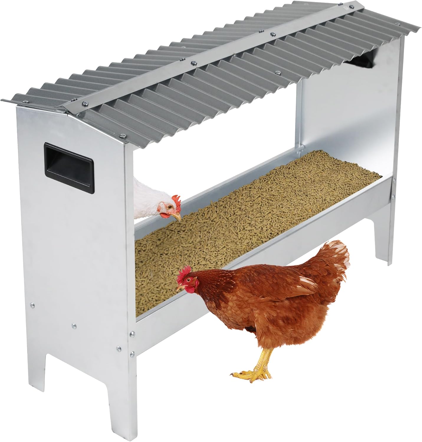 Solution4Patio Portable Metal Chicken Feeding Trough with Roof, Galvanized Steel Chicken Feeder with Drainage Holes, Rust-Resistant, Easy to Clean, Chicken Coops Accessories #B815A01