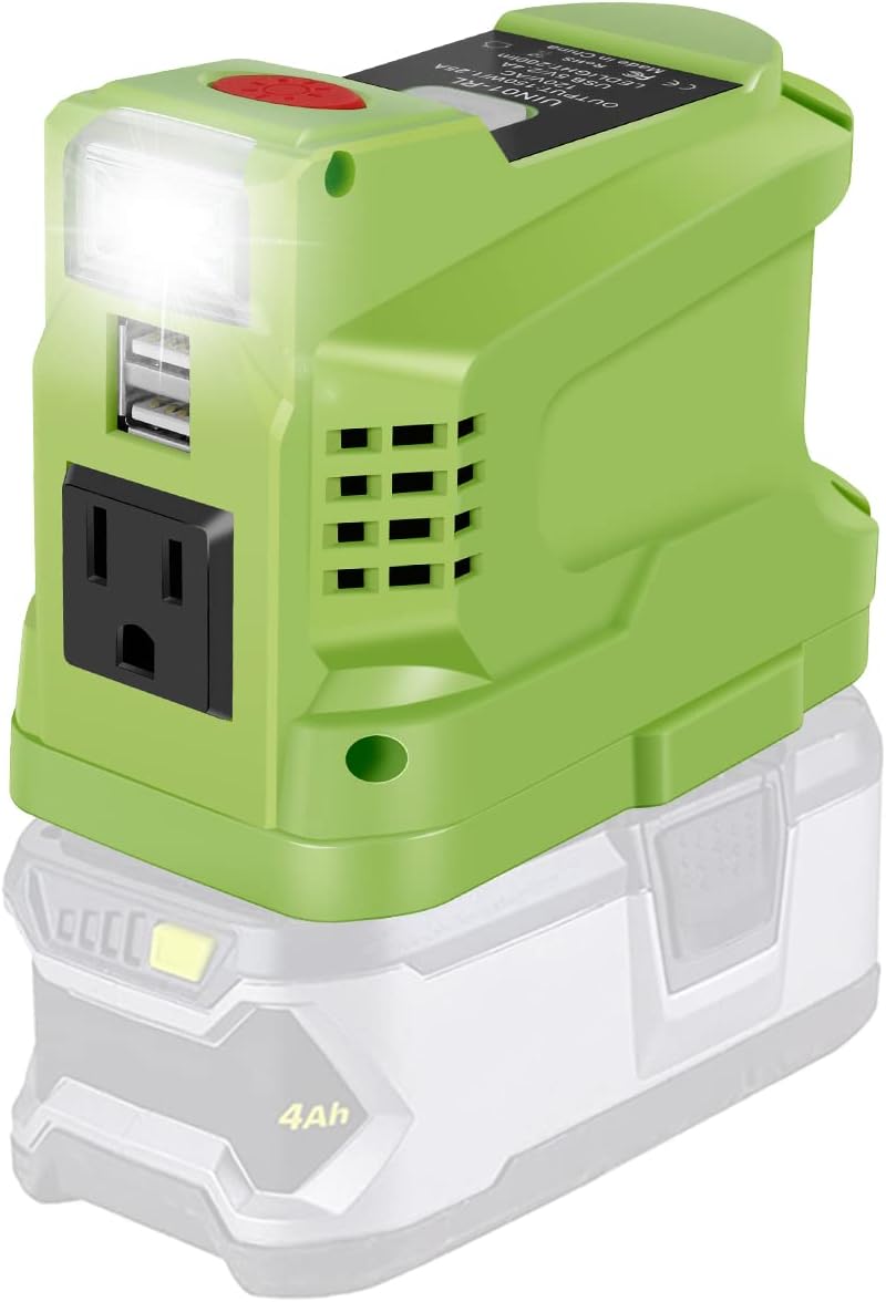 150W Power Inverter Compatible with Ryobi 18V Battery Power Inverter 18V to 110V 120V Portable Station Supply Charger with AC Outlet and Dual USB Output LED Light for Outdoor Camping