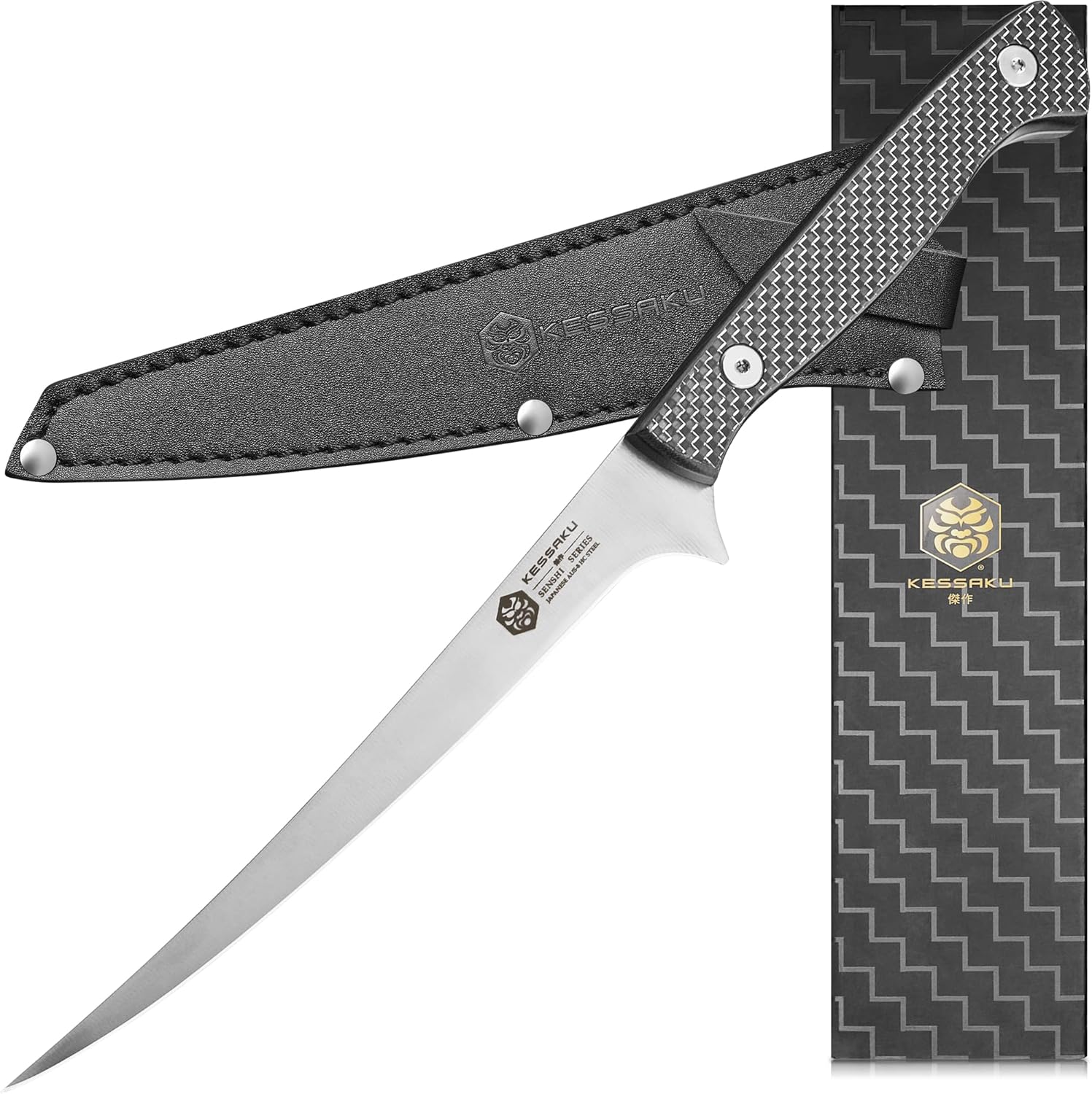 Fillet Knife - 7 inch - Senshi Series - Flexible - Razor Sharp - Forged Japanese AUS-8 High Carbon Stainless Steel - Boning, Trimming, Skinning - Carbon Fiber G10 Handle with Sheath