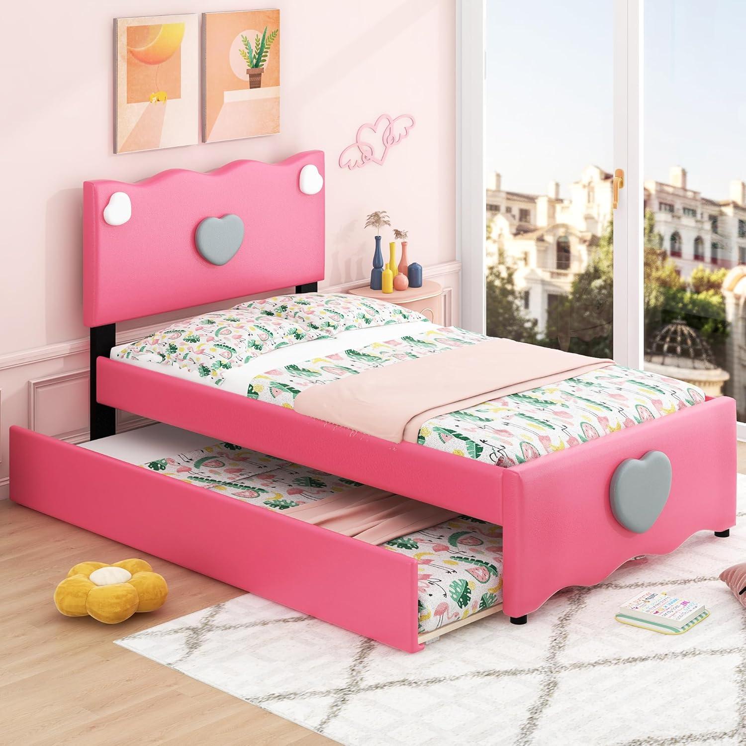 Twin Size Upholstered Platform Bed with Twin Size Trundle, PU Upholstered Bed with Heart Shaped Decoration Headboard and Footboard, Wooden Bed Frame, Dark Pink