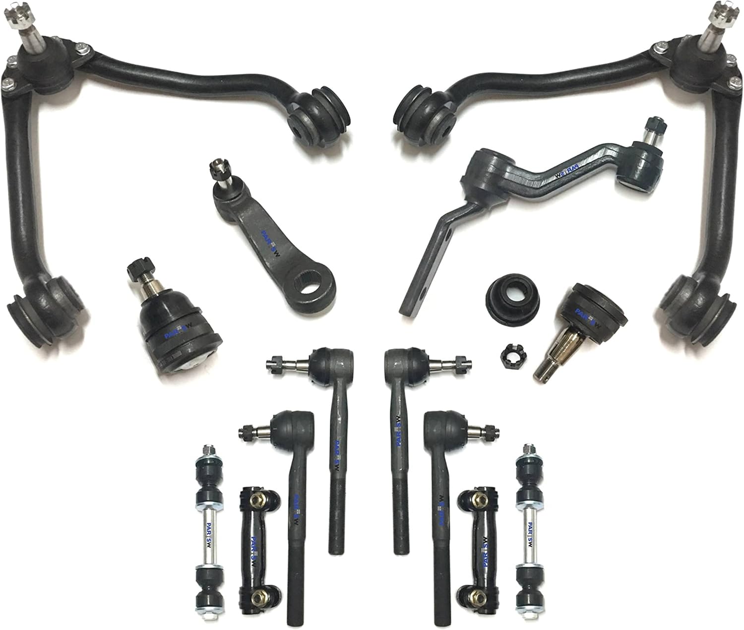 PartsW - 14 Pc Complete Suspension Kit Upper Control Arms & Ball Joints, Adjusting Sleeves Inner & Outer Tie Rod Ends, Sway Bar End Links, Pitman Arm, Idler Arm Heavy Duty