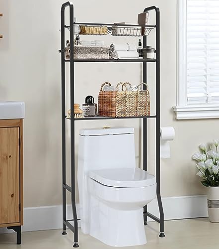 Over The Toilet Storage Shelf for Bathroom, 3-Tier above Toilet Rack Bathroom Organizer with Adjustable Shelves and Hanging Hooks, Easy to Assemble & Space Saving, Black
