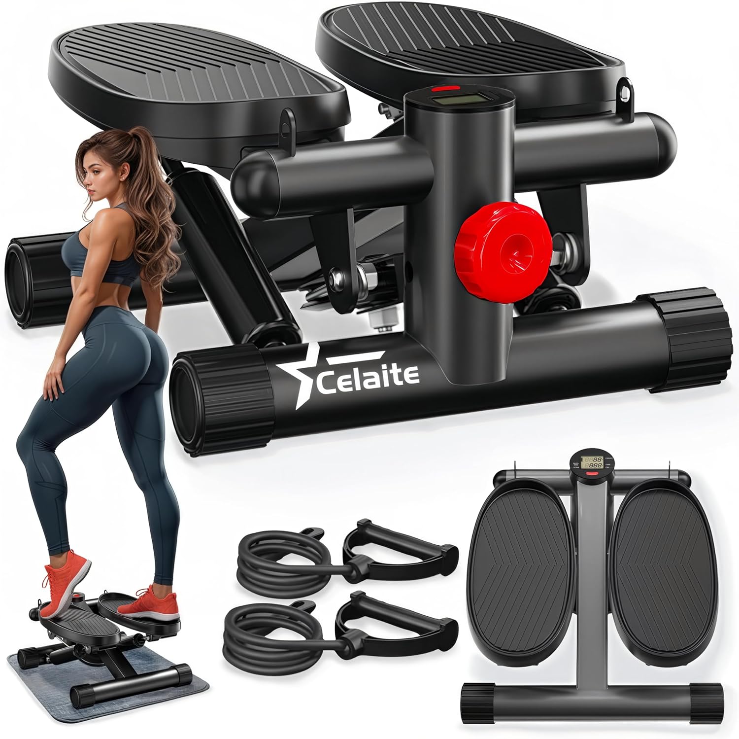 Mini Stepper with Resistance Bands, Steppers for Exercise at Home, 330 lbs Capacity, Adjustable Heights & Exercise Mat, Quiet Hydraulic Full Body Cardio Exercise Stepper Machine with LCD