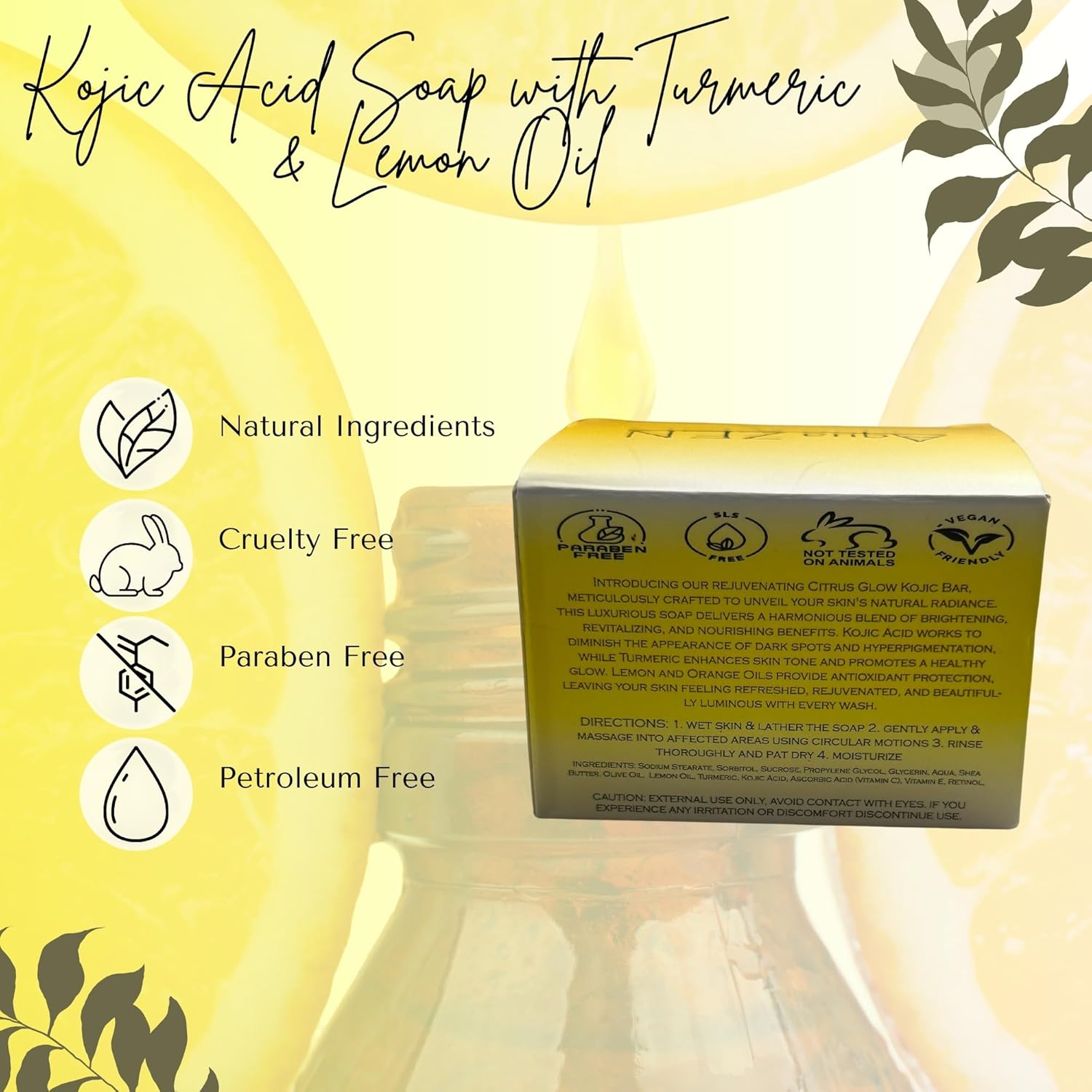 Kojic Acid Soap Lemon Turmeric Brightening Bar with Turmeric, Lemon Oil, Vitamin C+E, & Retinol | (2) BARS 3.5OZ EA + Soap Net | Premium Citrus Infused Kojic Acid Soap w/ Shea Butter & Olive Oil