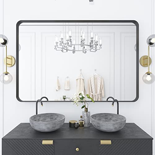 CONGUILIAO 40 x 30 Inch Wall Mirror Bathroom Mirror, Black Rectangular Vanity Mirror with Rounded Corner, Hanging Mirror Decor for Farmhouse, Entryway (Horizontal/Vertical)