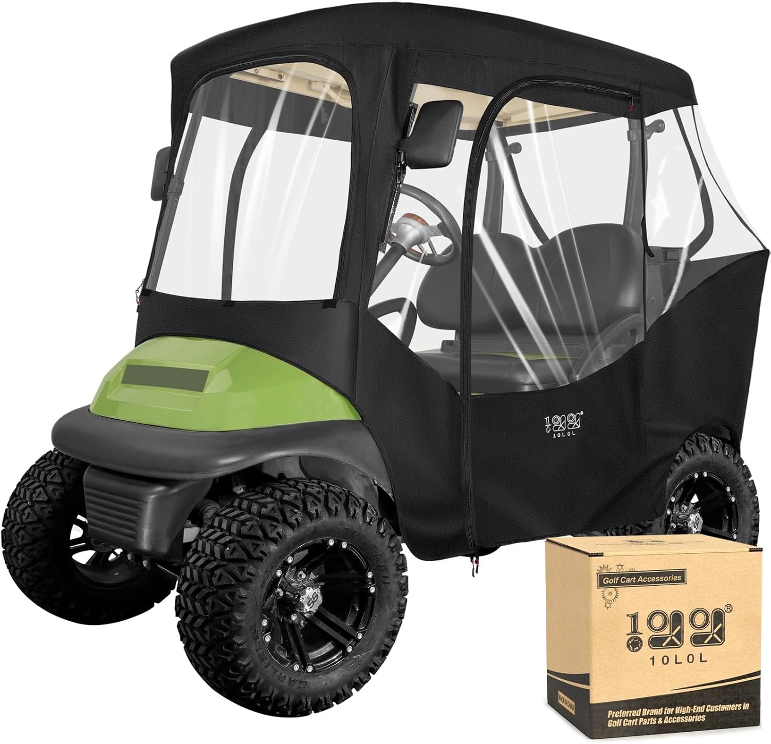 10L0L 2 Passenger Golf Cart Enclosures Cover for Club Car DS & Precedent, All Weather Windproof Waterproof Rain Cover, 4-Sided Clear Window & Roll-up Zipper Door - Black