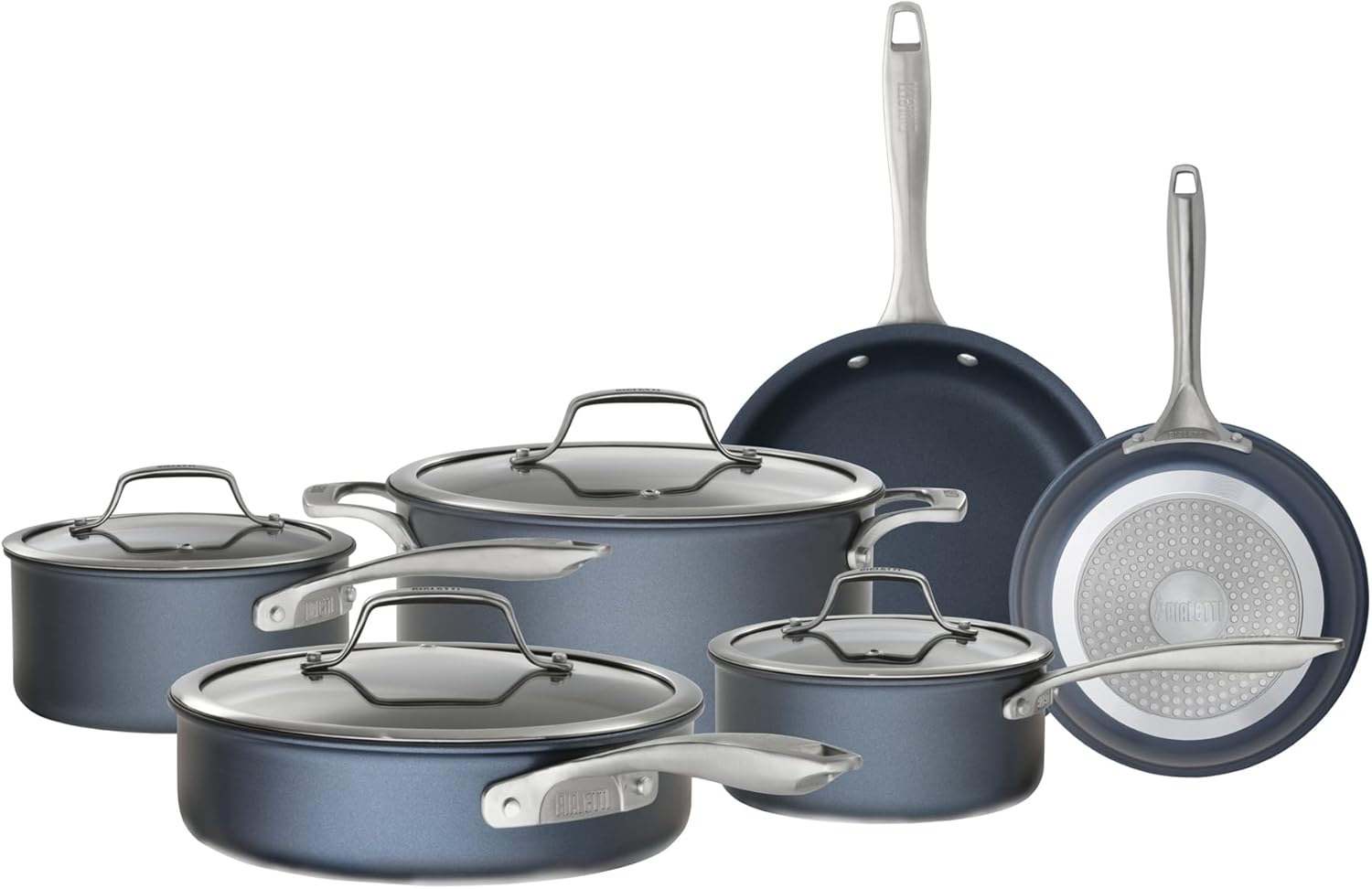 Bialetti Sapphire Hard Anodized Nonstick 10-Piece Oven-Safe Cookware Set, Gray - 10-Piece Set, Hard Anodized Aluminum, Nanotec-Infused Nonstick Surface, Stainless Steel Handles, Versatile, Oven-Safe