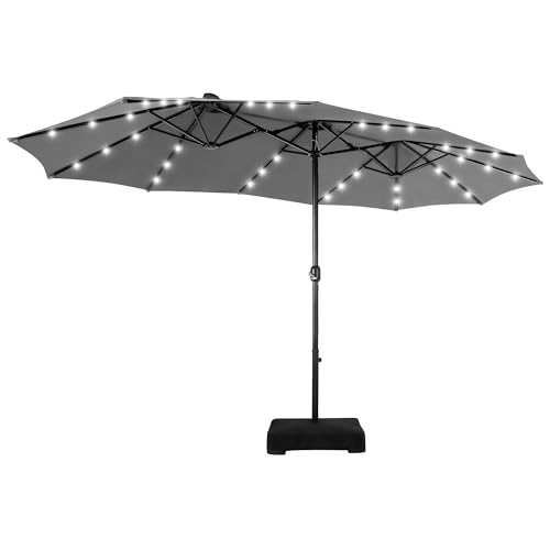 MFSTUDIO 15ft Double Sided Patio Umbrella with Solar Lights, Outdoor Large Rectangular Market Umbrellas with Base Included, Crank Handle and 36 LED Lights for Deck Pool Shade