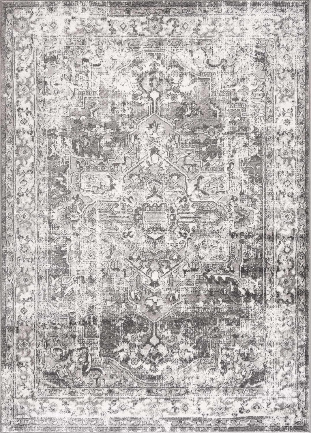 Hauteloom Monaco Collection Living Room, Bedroom Oriental Area Rug - Traditional Persian Turkish Look Carpet - Vintage Distressed - Dark Gray, Cream, Beige - 5'3