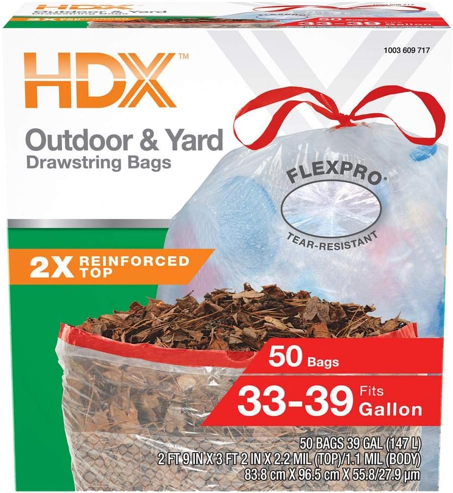HDX FlexPro 33 Gal. - 39 Gal. Clear Drawstring Outdoor and Yard Trash Bags (50-Count)