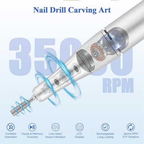 Cordless Nail Drill Professional 35000 RPM, Rechargeable Electric Nail File Machine E File for Acrylic Nails Gel Polishing Removing, Portable Efile with Bits Kit for Manicure, Silver