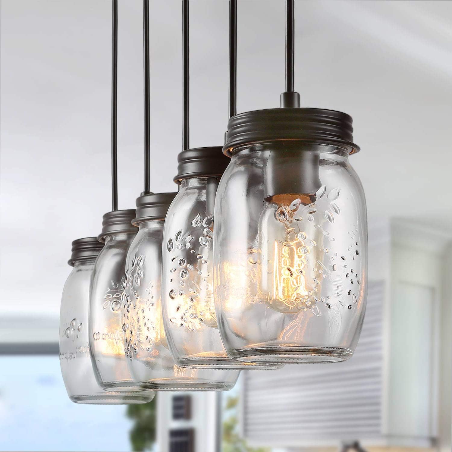 LNC Farmhouse Mason Jar Chandelier, 5-Light Adjustable Rustic Pendant Chandeliers Hanging Light Fixture for Kitchen Island and Dining Room Brown