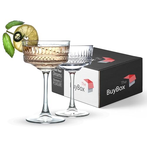 The Buybox Vintage Coupe Glasses Set of 2, Champagne, Cocktail, Martini, Wine Glasses, Long Stem Glassware, (8.8oz/260ml) (2 Pack)