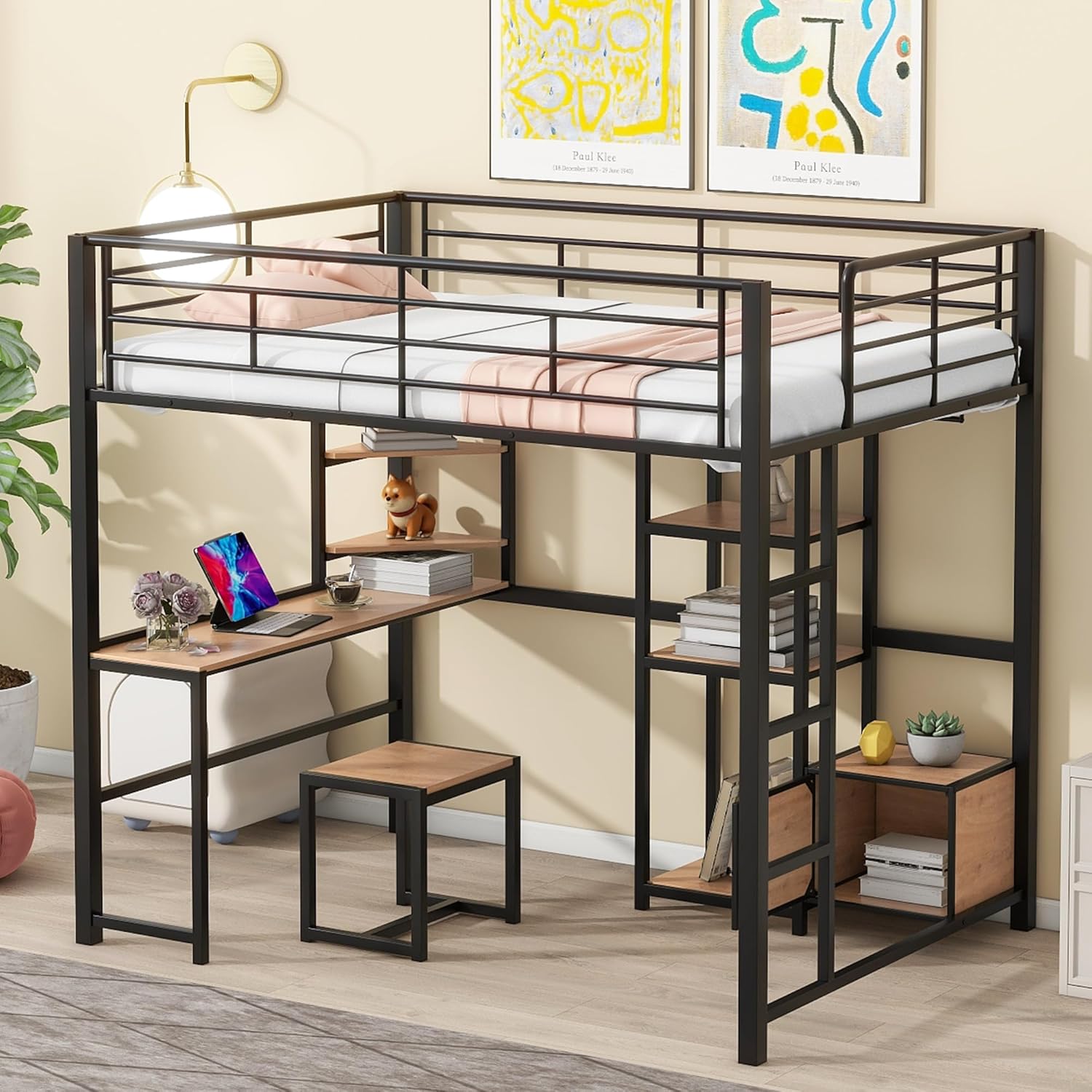 Full Size Metal Desk and Stool, Loft Bed Frame with Open-Style Wardrobe, Shelves and Storage Cabinet, Black