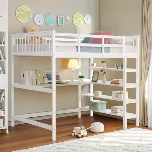SLEERWAY Twin Size Loft Bed with Under Bed Desk and 4 Layer Storage Shelves, Wood Loft Bed Frame with Full Length Guardrail, Twin Bed Frame for Kids, Teens and Adults, No Box Spring Needed, White