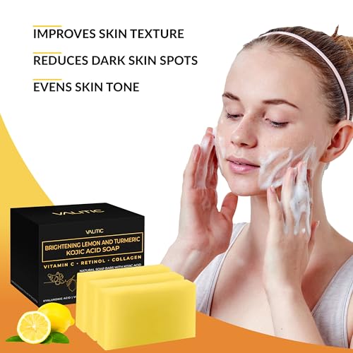 VALITIC Brightening Lemon & Turmeric Kojic Acid Soap with Vitamin C, Retinol, Collagen - Original Japanese Complex - with Hyaluronic Acid, Vitamin E, Shea Butter, Castile Olive Oil 2 Pack+Holder