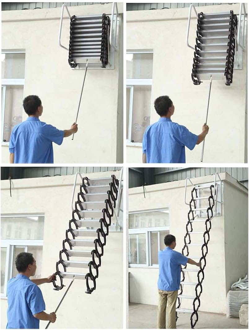 INTBUYING 12 Pedals Blue-white Loft Large Wall Ladder, Wall Mounted Attic Extension Folding Stair Al-Mg Alloy Material Max 9.8 ft Vertial Height with Two Armrests and Long Pull Rod