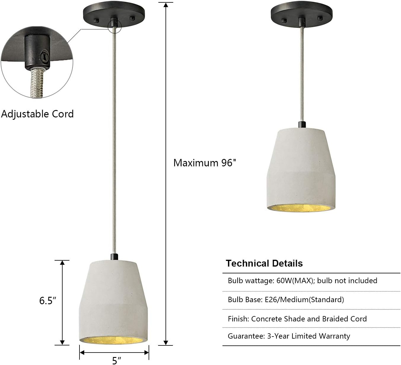 MOTINI Concrete Pendant Light in Gray Finish, Modern Industrial Mini Ceiling Hanging Cement Pendant Lighting Fixture for Kitchen Island Dining Room Living Room Bedroom