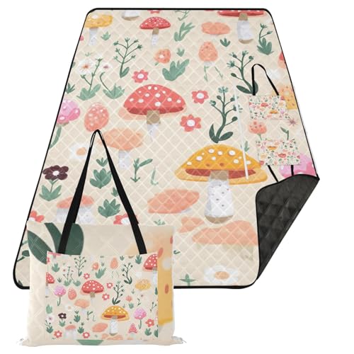Colorful Mushrooms Leaves Picnic Blanket Waterproof Foldable Outdoor Beach Blankets Sandproof Picnic Mat Extra Large Camping Blanket for Camping Hiking Travel Park Concerts, 80x118 in