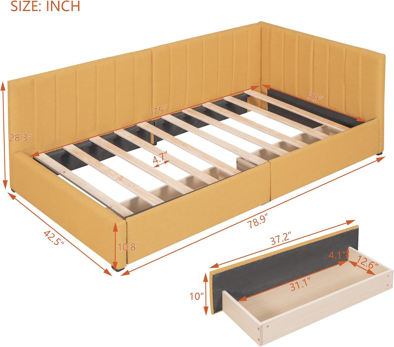 Twin Size Upholstered Daybed with 2 Storage Drawers,Solid Wood Sofa Bed Frame W/Linen Fabric Backrest,No Box Spring Needed,for Living Room Bedroom Apartment,Yellow