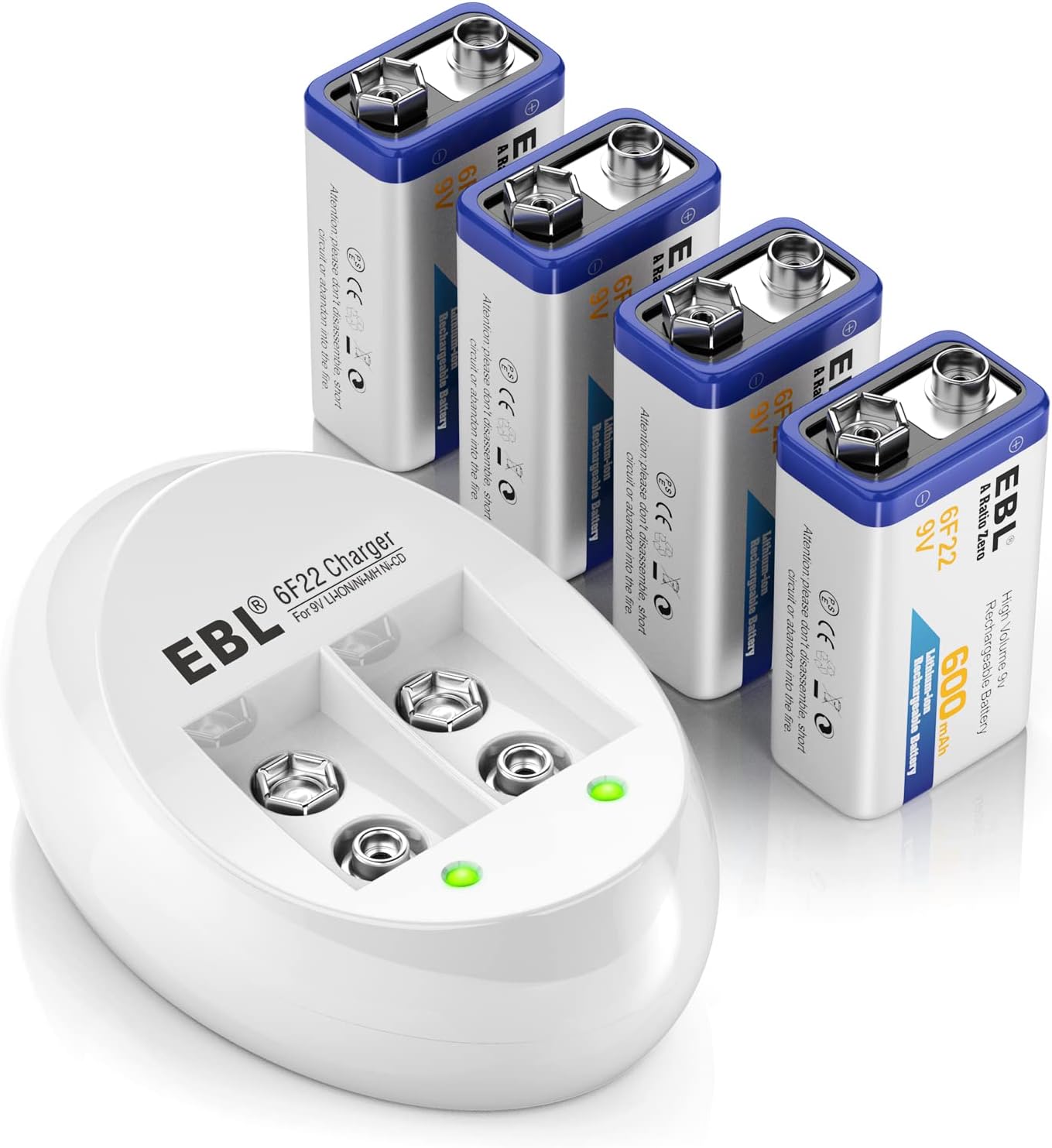 EBL 4-Pack 9V Batteries Li-ion 9 Volt Rechargeable Batteries with 9V Battery Charger