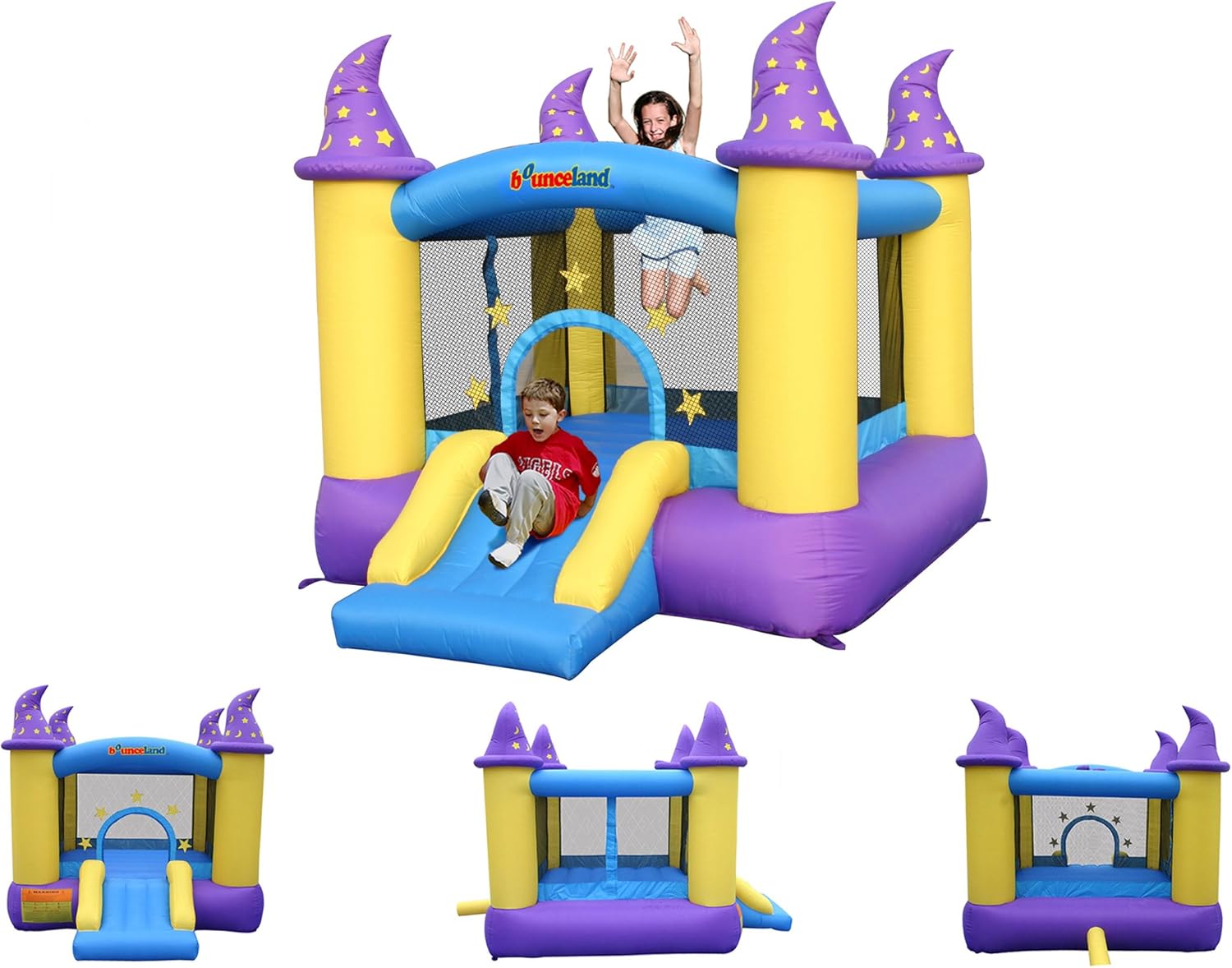 Wizard Inflatable Bounce House Bouncer, Spacious Bouncing Area with Fun Slide, Safe hook-and-loop fastener Entrance, Basketball Hoop, Fun Party Wizard Castle Theme, Inflated Size: 9 ft x 8 ft x 7 ft H