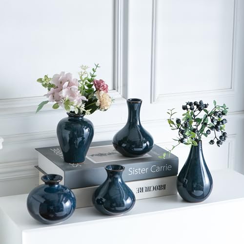 Small Black Vases, Ceramic Bud Vase Set of 5, Mini Pottery Vases for Pampas Grass, Flowers, Decorative Vases for Home Modern Decor, Rustic Decor, Veses for Living Room Dining Table Shelves