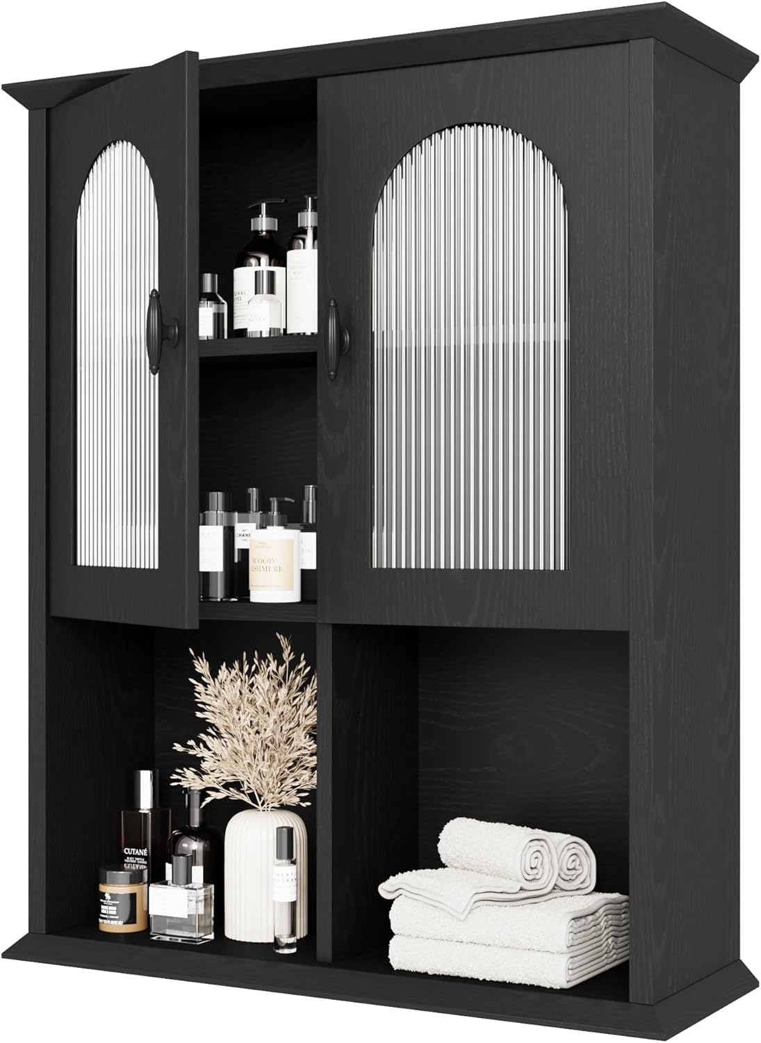 CJL Bathroom Wall Cabinet with Fluted Door, 23.6'' x 29.5'' Medicine Cabinet, Over The Toilet Storage Cabinet, Black
